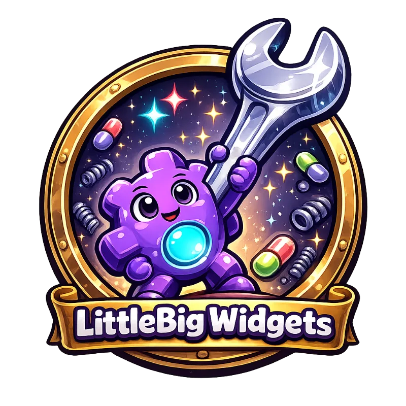 LittleBig Widgets logo badge — mascot gear holding a giant wrench, with wordmark banner