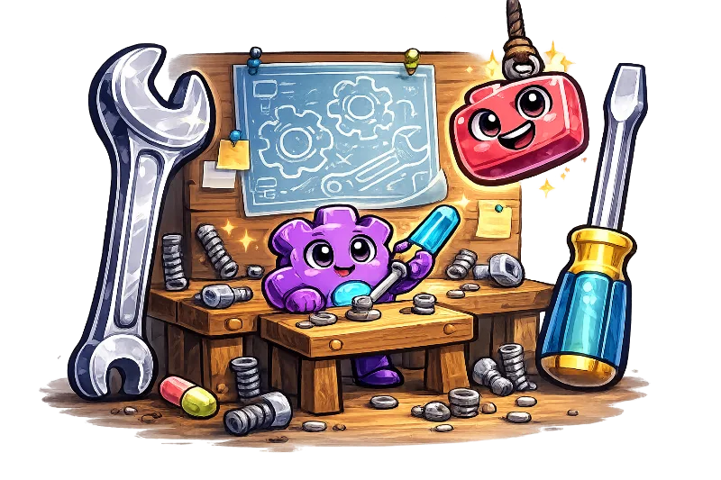 The workshop: the little gear foreman at a tiny bench surrounded by comically oversized tools